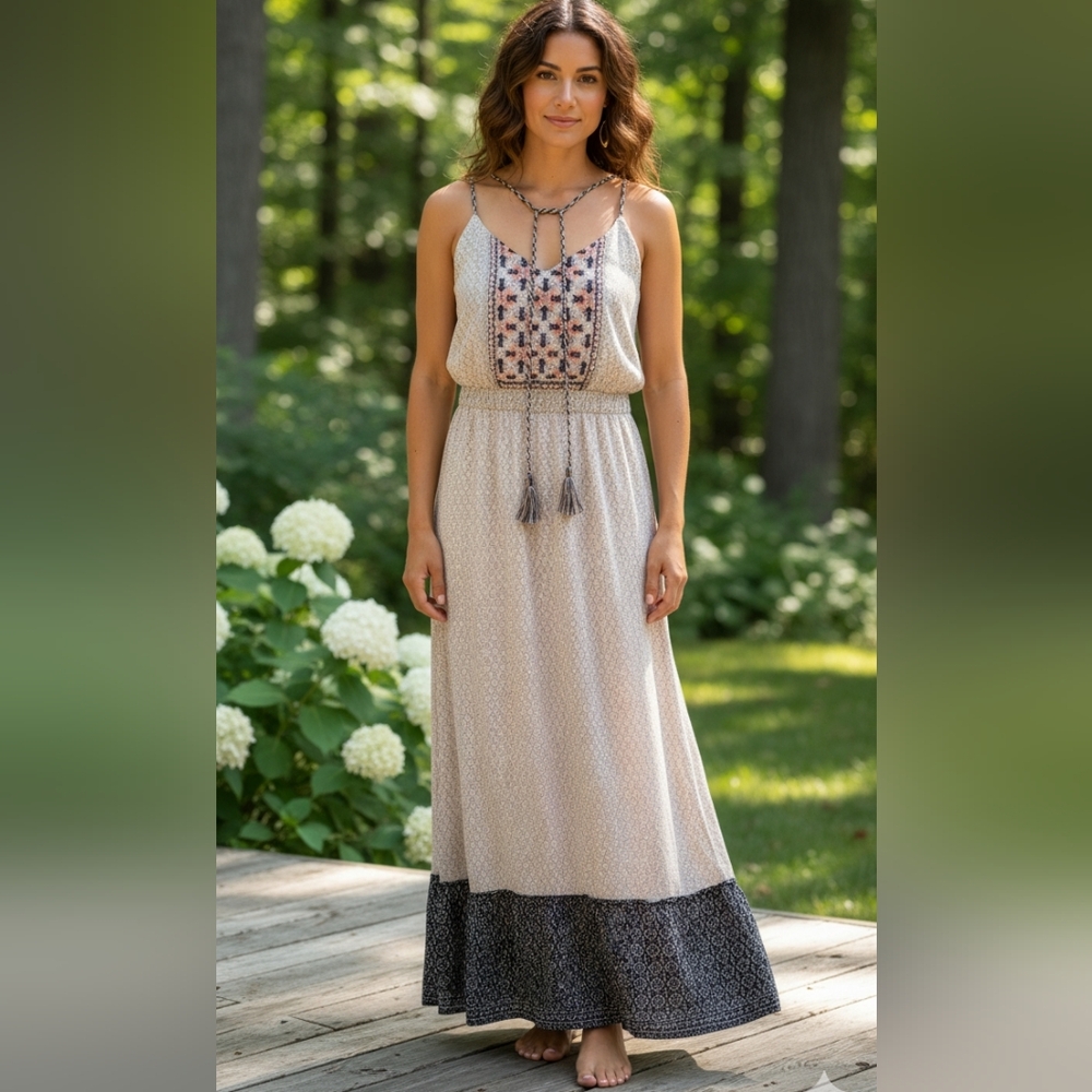 Skies Are Blue Boho V-Neck Embroidered Vine Adjustable Tassels Maxi Dress - Picture 1 of 9